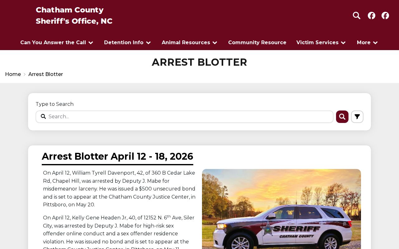 Chatham County Sheriff official weekly arrest blotter