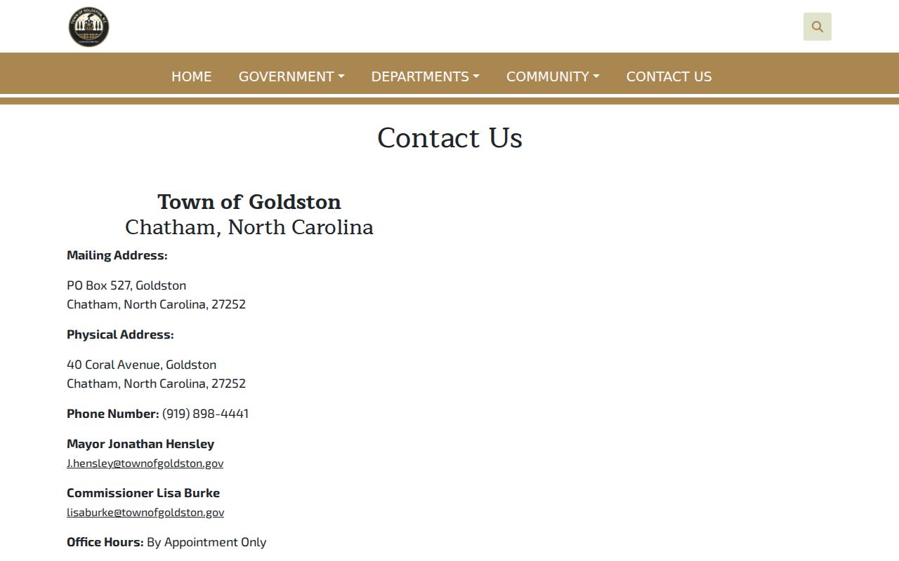 Goldston town official contact page for municipal routing