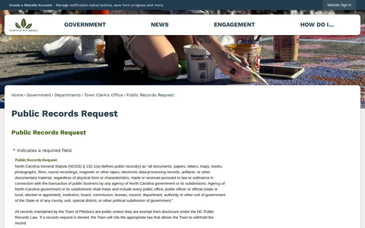 Pittsboro Police public records request page